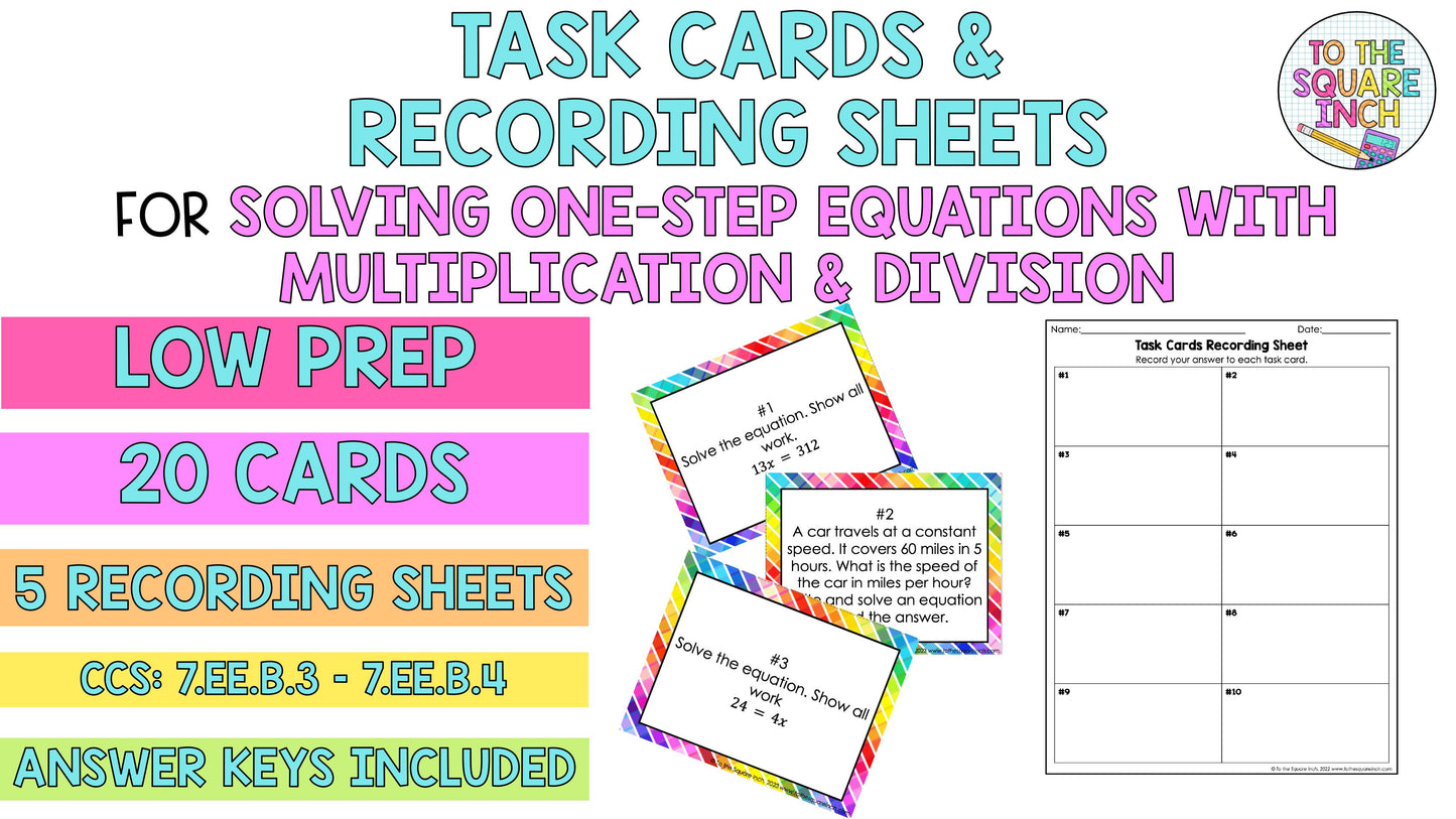 Solving One Step Equations with Multiplication and Division Task Cards