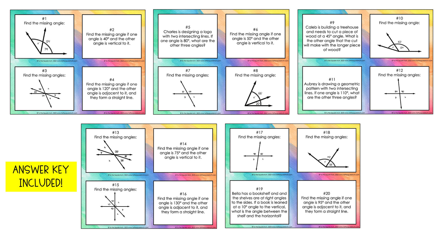 Adjacent and Vertical Angles Task Cards