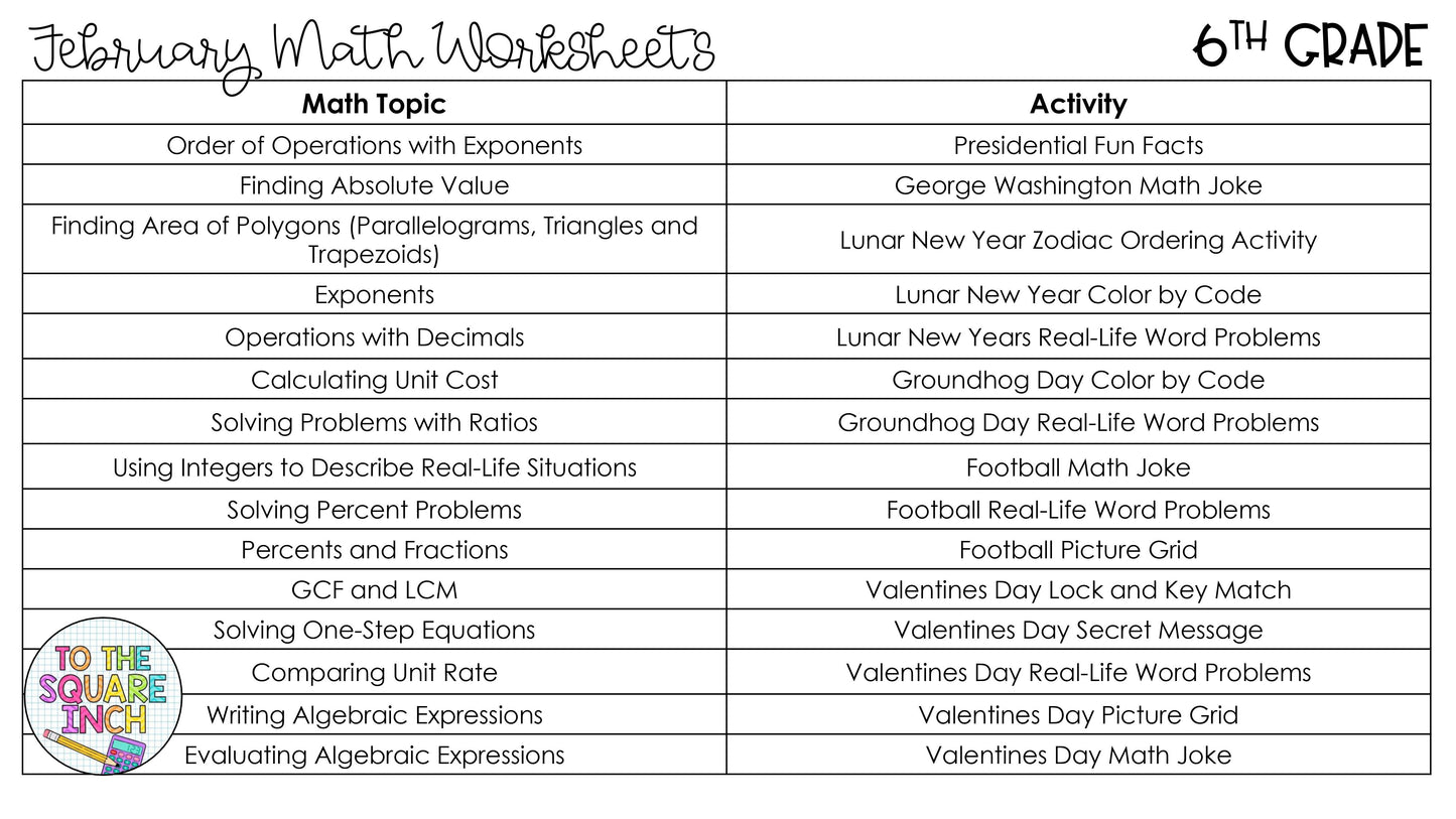 February Holiday Math Worksheets - 6th Grade - Presidents Day, Valentines Day, Groundhog Day, Lunar New Year