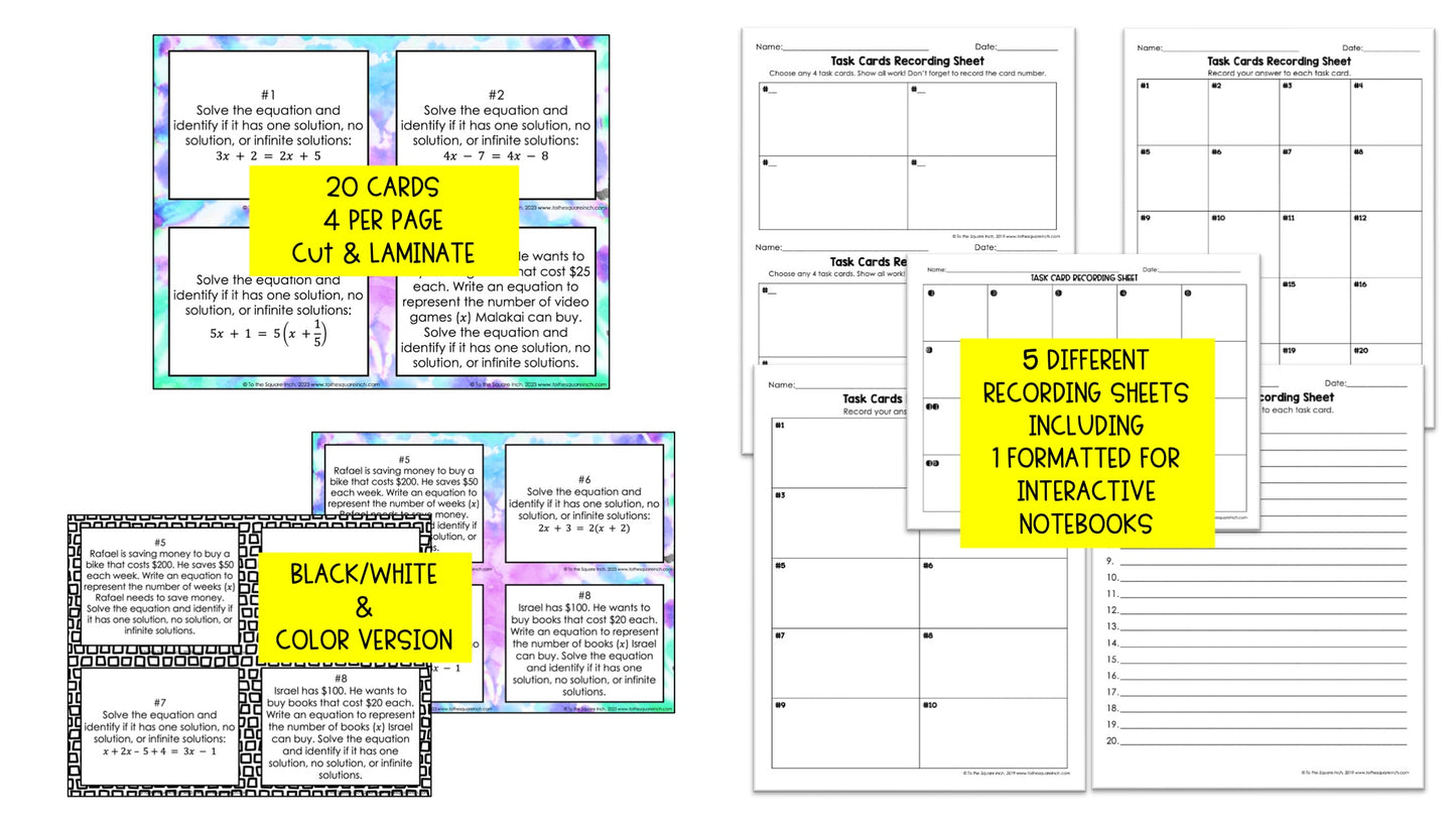 Equations with One, No or Infinite Solutions Task Cards