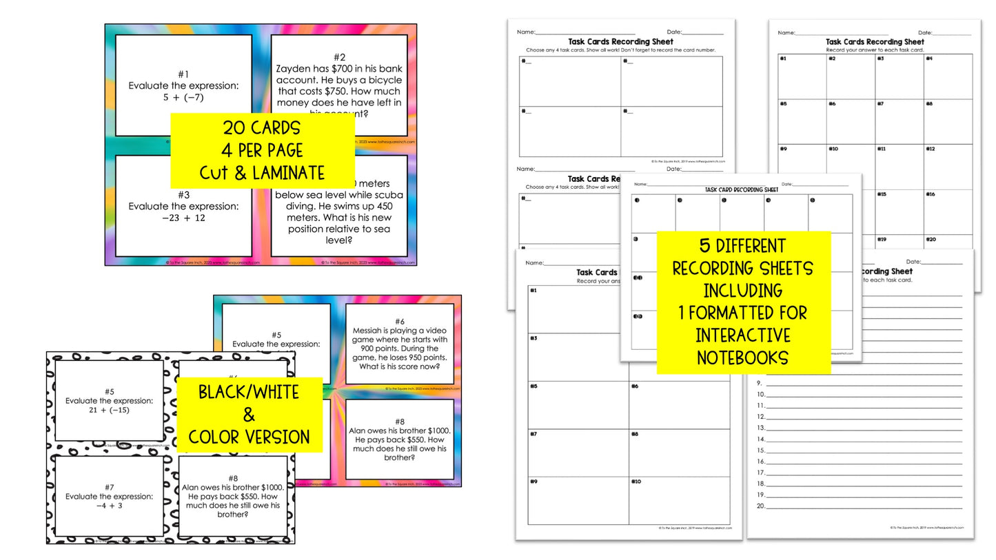 Adding Integers with Different Signs Task Cards