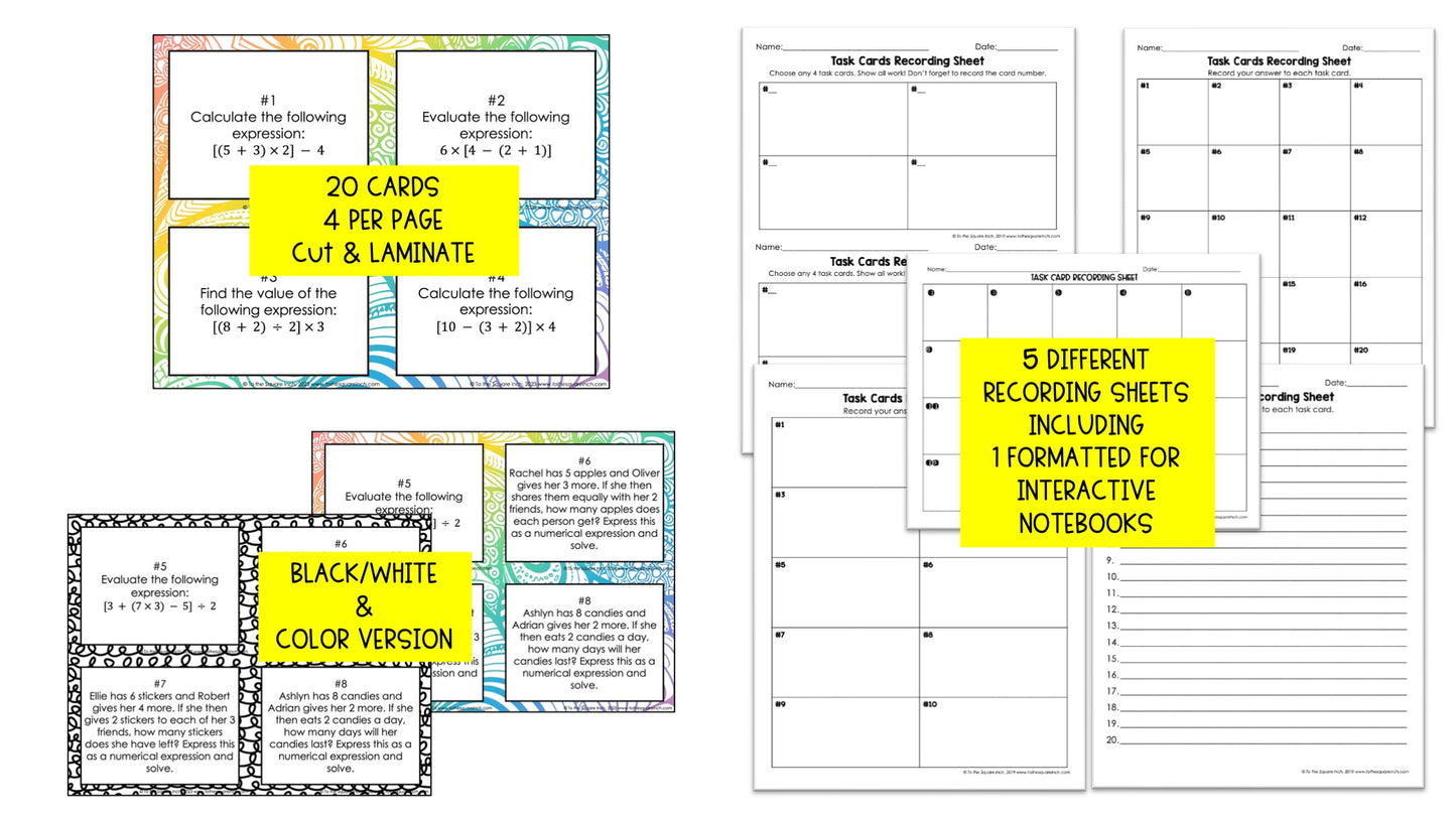 Evaluating Numerical Expressions Task Cards