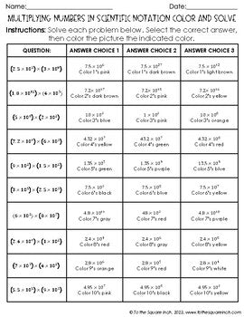 Multiplying Numbers in Scientific Notation Color & Solve Activity