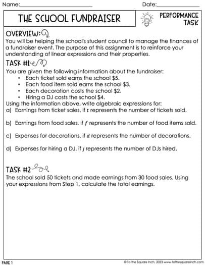 7th Grade Math Algebra Performance Tasks