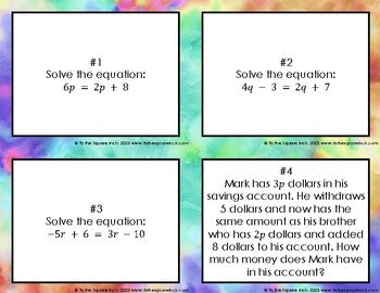 Solving Equations with Variables on Both Sides Task Cards