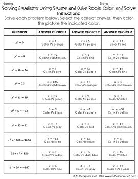 Solving Equations using Square and Cube Roots Color & Solve Activity