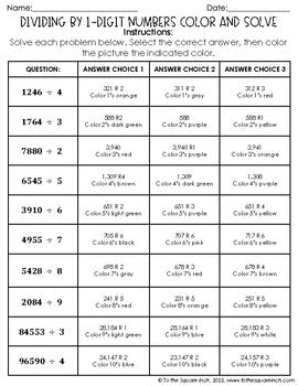 Dividing by 1-Digit Numbers Color & Solve Activity