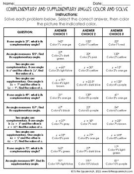Complementary and Supplementary Color & Solve Activity