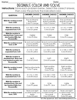 Decimals Color & Solve Activity