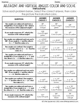 Adjacent and Vertical Angles Color & Solve Activity