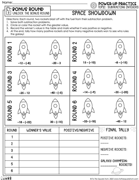 Subtracting Integers Practice Worksheets
