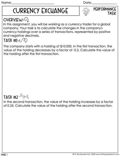 7th Grade Math Number System Performance Tasks
