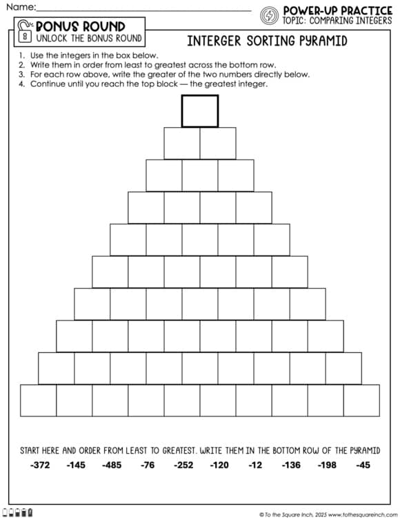 Comparing and Ordering Integers Practice Worksheets