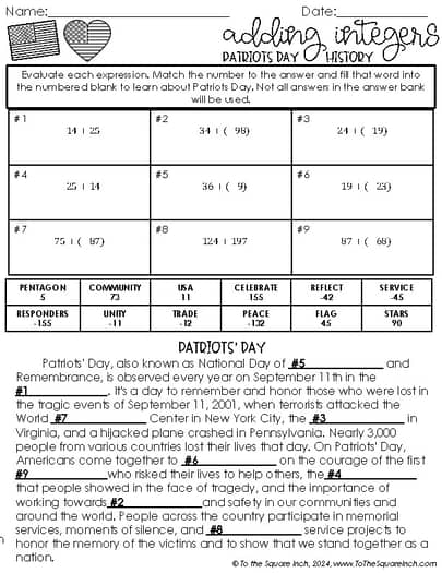 September 7th Grade Math Holiday Math Worksheets