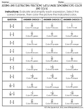 Adding and Subtracting Fractions with Unlike Denominators Color & Solve Activity