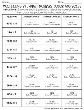 Multiplying by 1-Digit Numbers Color & Solve Activity