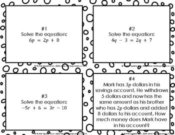 Solving Equations with Variables on Both Sides Task Cards