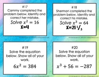 Solving Equations Using Square Roots and Cube Roots Task Cards