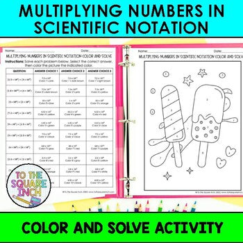 Multiplying Numbers in Scientific Notation Color & Solve Activity