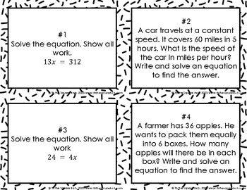 Solving One Step Equations with Multiplication and Division Task Cards