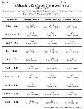 Subtracting Decimals Color & Solve Activity