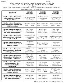 Volume of Cylinders Color & Solve Activity