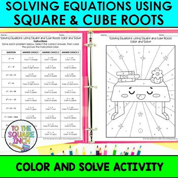Solving Equations using Square and Cube Roots Color & Solve Activity