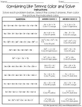Combining Like Terms Color & Solve Activity