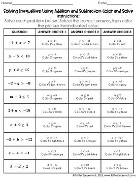 Solving Inequalities using Addition and Subtraction Color & Solve Activity