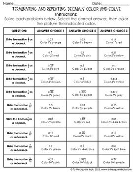 Terminating and Repeating Decimals Color & Solve Activity