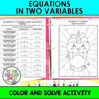 Equations In 2 Variables Color & Solve Activity