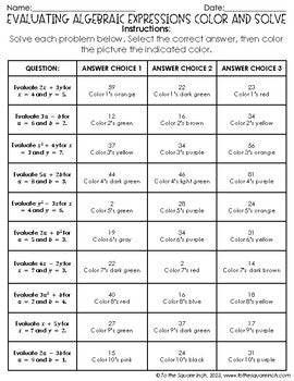 Evaluating Algebraic Expressions Color & Solve Activity