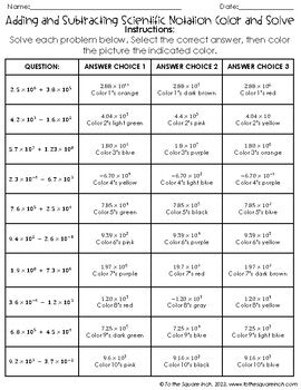 Adding and Subtracting Numbers In Scientific Notation Color & Solve Activity