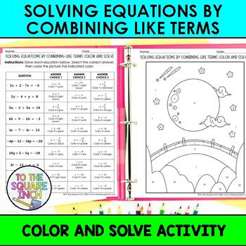 Solving Equations by Combining Like Terms Color & Solve Activity
