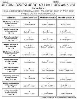 Algebraic Expressions Vocabulary Color & Solve Activity
