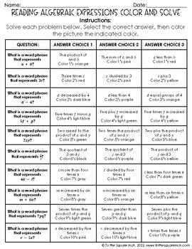 Reading Algebraic Expressions Color & Solve Activity