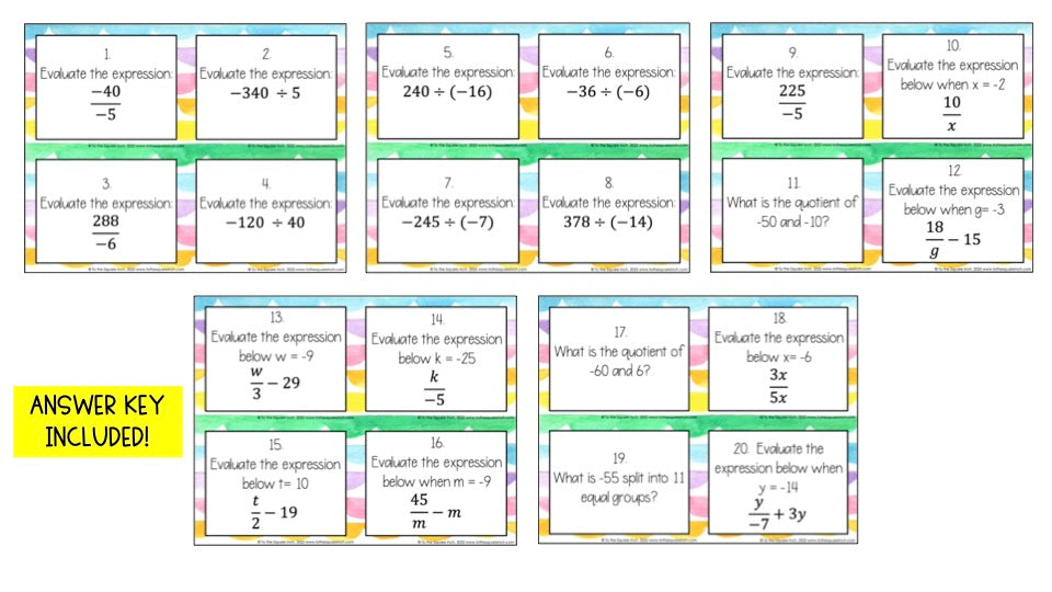 Dividing Integers Task Cards