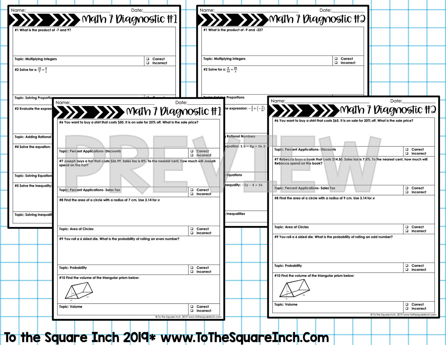 7th Grade Math Diagnostic Quizzes