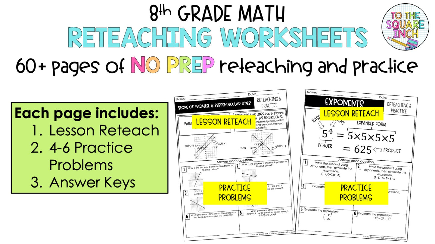 8th Grade Math Reteaching Worksheets