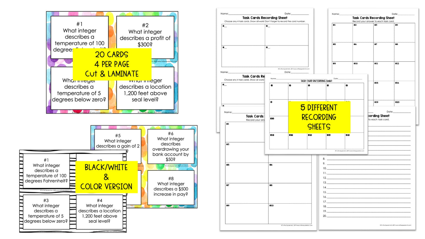 Using Integers to Describe Real Life Situations Task Cards