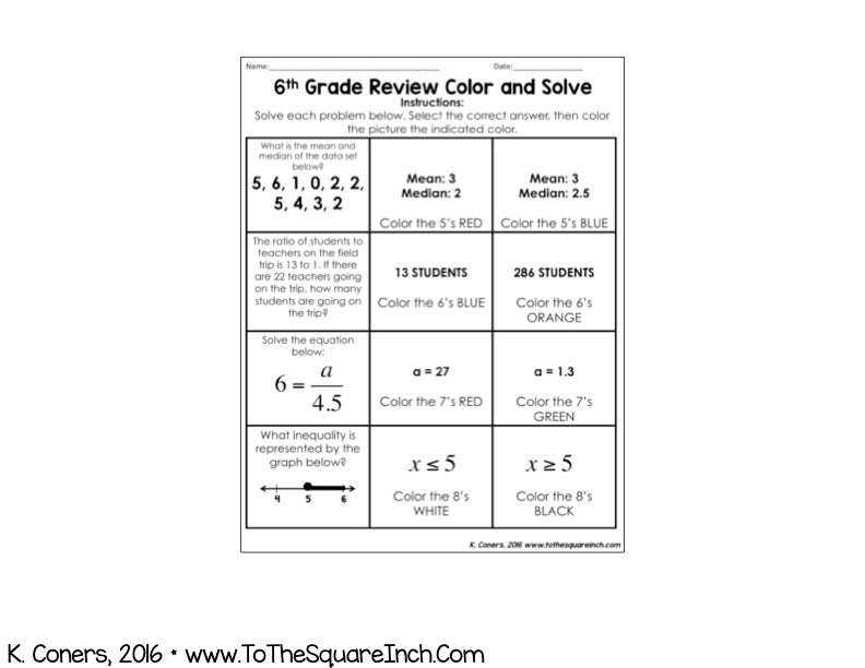 6th Grade Math Review Color and Solve