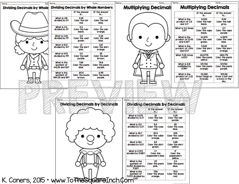 Decimals Color and Solve Halloween Math Pictures