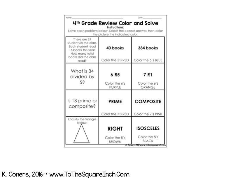 4th Grade Math Review Color and Solve