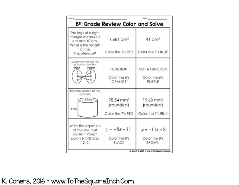 8th Grade Math Review Color and Solve