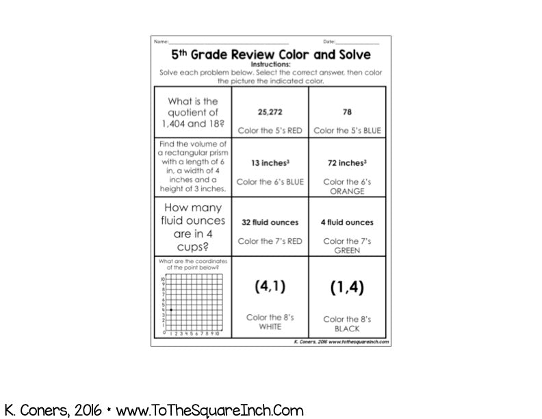 5th Grade Math Review Color and Solve