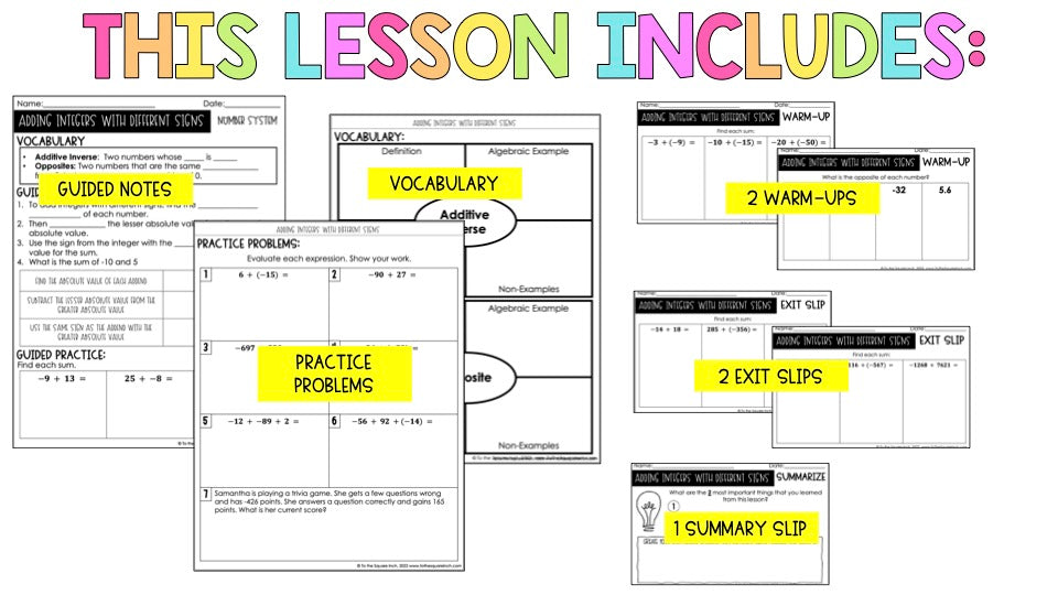 Adding Integers with Different Signs Notes