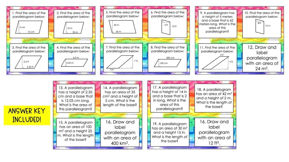 Finding Area of Parallelograms Task Cards