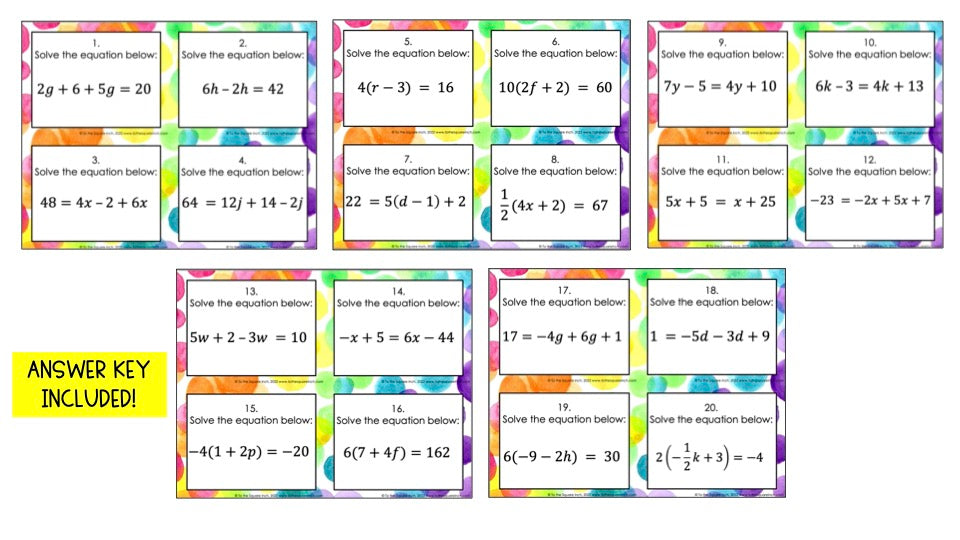 Solving Multi-Step Equations Task Cards