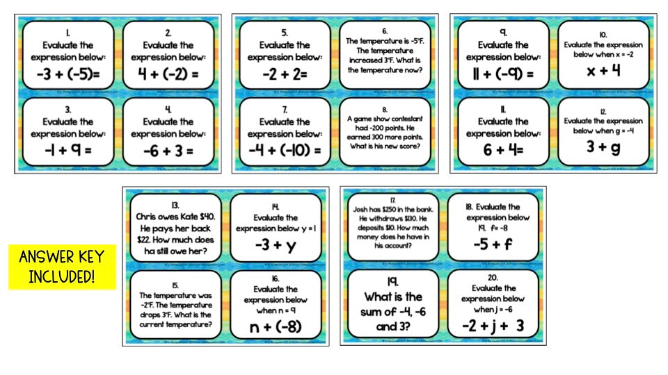 Adding Integers Task Cards