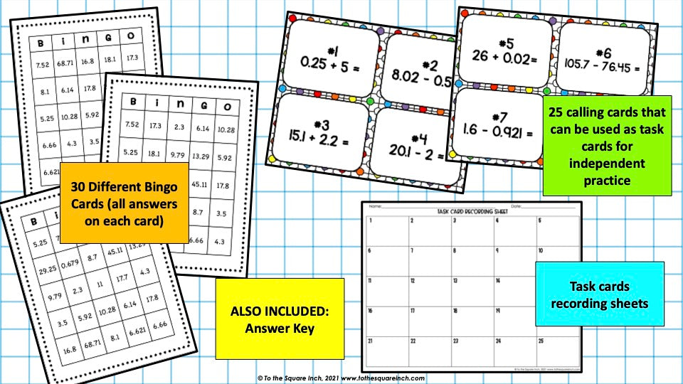 Adding and Subtracting Decimals Bingo